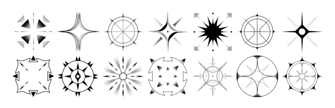 Set of stars and flares. Astrological decorative vintage vector elements in art deco style. HUD Ui forms. Linear Victorian magic objects.	
