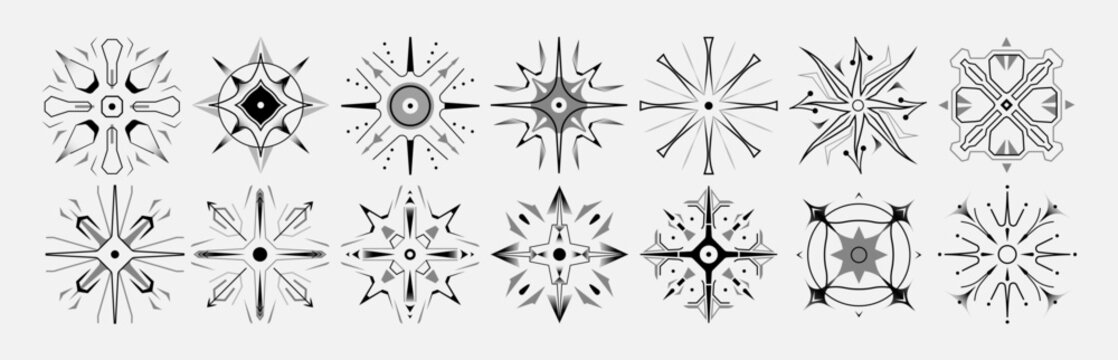 Set of stars and flares. Astrological decorative vintage vector elements in art deco style. HUD Ui forms. Linear Victorian magic objects.	
