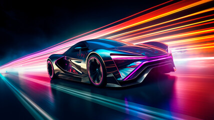 A high-tech sports car in a neon-lit urban setting, showcasing its impressive acceleration as it leaves colorful light trails on the highway. Generative AI