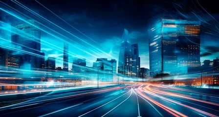 Wall murals Highway at night A modern high-rise building of the future alongside advanced road transport systems incorporating digital data exchange. Rapid light trails left by swiftly moving cars, Generative AI 