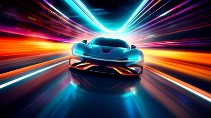 A high-tech sports car in a neon-lit urban setting, showcasing its impressive acceleration as it leaves colorful light trails on the highway. Generative AI