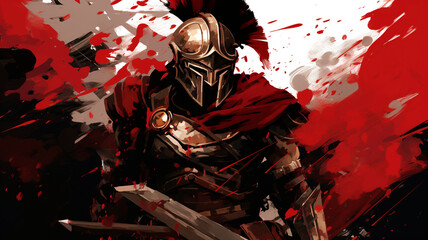 A depiction of a Greek Spartan adorned in somber armor, donning a helmet , rendered in muted hues of black, white, and red, incorporating the aesthetic of glitch art. Generative AI