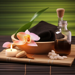 Close up of spa accessories, aroma oil therapy, candle and towel placed on bamboo mate