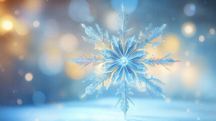 Fototapeta na wymiar A beautiful snowflake on a vibrant blue