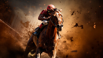 Fototapeta premium the jockey rides his horse down the racetrack, the pole goes up, the race continues, Generative AI 