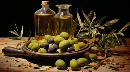 Olives and olive oil in a rustic