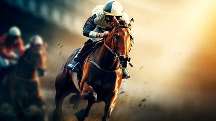 Fototapeta premium the jockey rides his horse down the racetrack, the pole goes up, the race continues, Generative AI 
