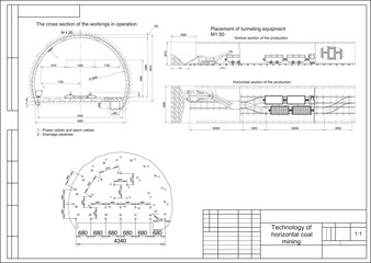 Vector drawing. Technology of horizontal coal mining. 
Placement of tunneling equipment.
Engineering cad scheme. Technical background.