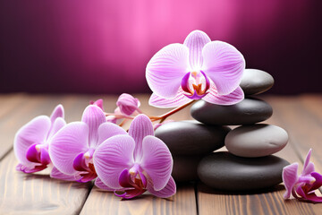 Spa stones on wooden table with orchids, with space for text