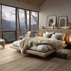 Fototapeta na wymiar Nordic-style bedroom with natural wood in neutral colors.