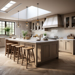 Fototapeta premium Lovely Nordic-style Kitchen. Natural wood, large windows