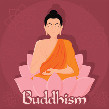 Cute buddha character on lotus flower Buddhism concept Vector