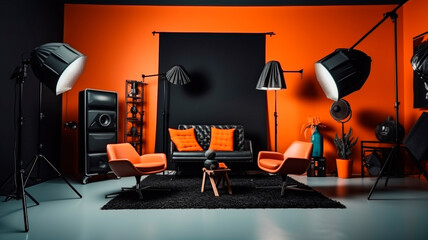 Modern photo studio's inner space containing a chair and professional photography equipment. Generative AI