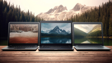 A laptop displaying a serene forest landscape with mountains, immersed in the heart of nature, Generative AI