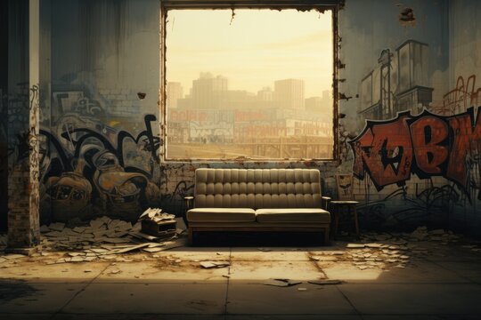 A powerful image featuring an empty room in an urban environment, with graffiti-adorned walls and an air of desolation that captures the raw essence of city life. Generative AI