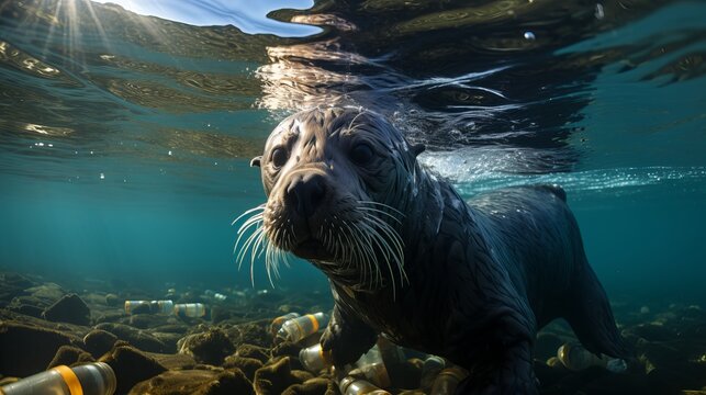 fur seals in the water among plastic bottles and garbage, concept: pollution of nature and water bodies. Danger of plastic for animals and birds. Illustration, Generative AI
