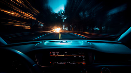 a car dashboard and streaks of light outside the windshield through long exposure. Illustrating the experience of driving at night. Generative AI 