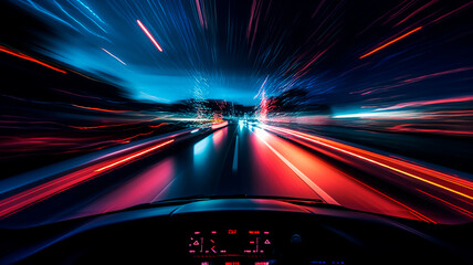 a car dashboard and streaks of light outside the windshield through long exposure. Illustrating the experience of driving at night. Generative AI 