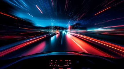 Fotobehang a car dashboard and streaks of light outside the windshield through long exposure. Illustrating the experience of driving at night. Generative AI  © Юрий Маслов