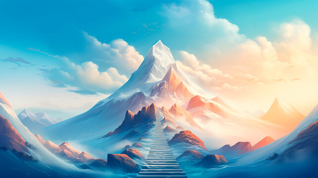 An illustration depicting a mountain with a pathway leading to its summit, symbolizing the concept of achieving success. Generative AI 