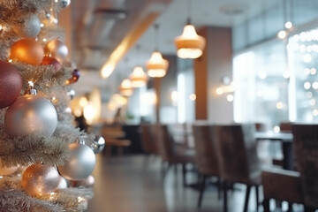 Winter cafe interior with decorated Christmas tree, high key. Generative AI