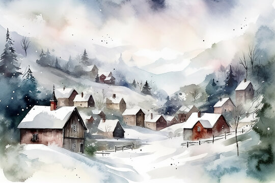 Winter houses in a countryside, watercolor. Generative AI