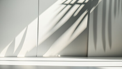 Obraz premium Abstract studio background for product presentation. Empty room with shadows of window and flowers and palm leaves . 3d room with copy space. Summer concert. backdrop. beauty product placement.
