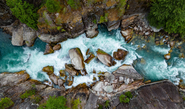 River in a Rocky Mountain Canyon. British Columbia, Canada. Aerial Nature Background
