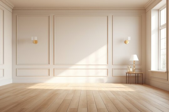 Empty room with clean lines and a minimalist design, bathed in soft natural light that emphasizes the calmness and simplicity of the space. Generative AI