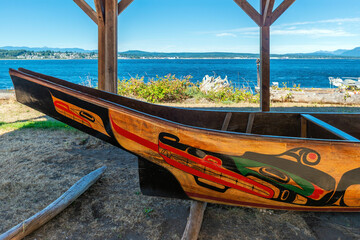 Traditional canoe of the We Wai Kai first nation native people in the village of Cape Mudge, Quadra...