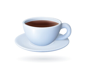 3d realistic white Cup with coffee or tea. Cup and sauser with hot drink. Mug for home, restaurant and cafe. Vector render illustration isolated on white background.