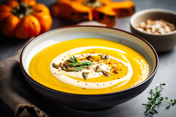 Pumpkin soup with cream, pumpkin seeds and thyme in a bowl