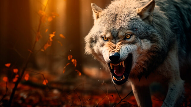 A depiction of a furious gray wolf within the forest, Generative AI 