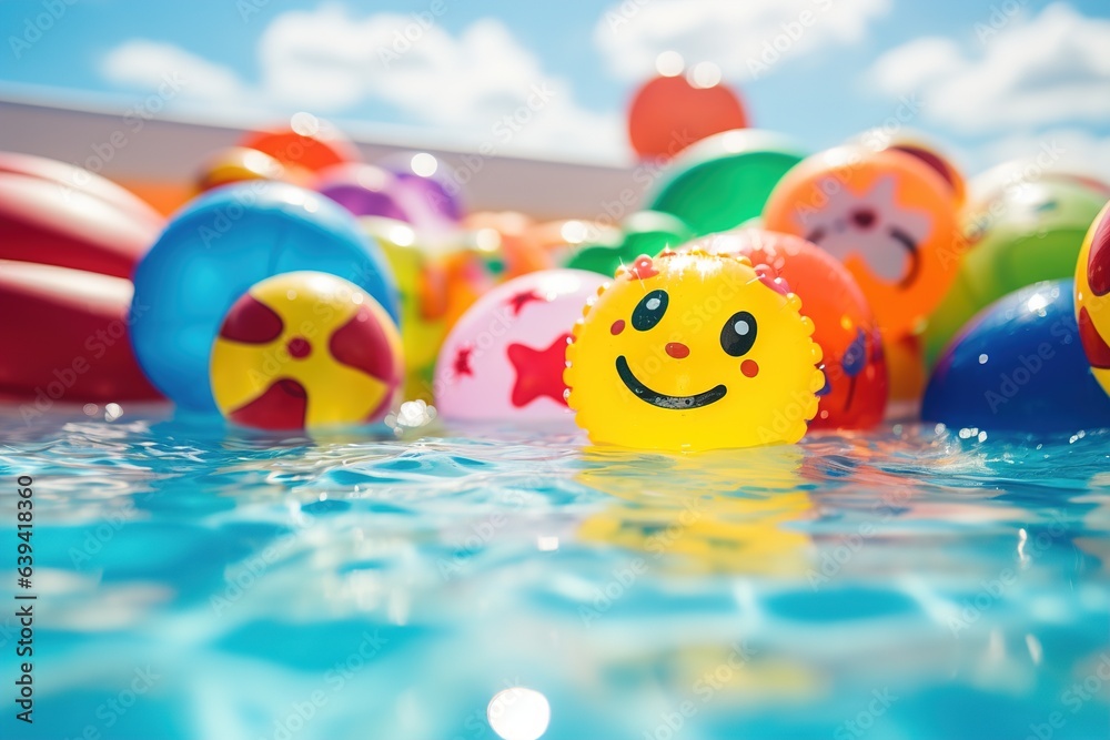Poster Inflatable balls float in pool