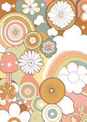 Groovy hippie 1970s background. Funny cartoon flower, rainbow, peace, Love, heart, daisy, mushroom etc. Seamless pattern in trendy trippy retro cartoon style. Flower power. Hippie 60s, 70s style.