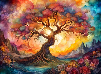 Obraz na płótnie Canvas Bright colorful tree, landscape, created with Generative AI technology.