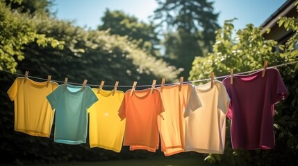 Children's colorful clothing dries on a clothesline in the yard outside in the sunlight after being washed.