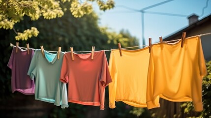 Children's colorful clothing dries on a clothesline in the yard outside in the sunlight after being washed.