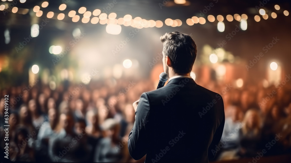 Aufkleber rear view of motivational speaker standing on stage in front of audience for motivation speech on bu