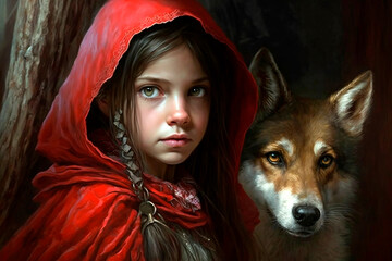 Illustration of the classic tale Little Red Riding Hood and the Wolf. Girl in red hood and wolf in a dark forest. Story for children. Beautiful drawing for children's books.  - obrazy, fototapety, plakaty