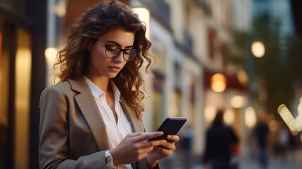 Fototapeta premium Beautiful business woman watching smart mobile phone device outdoors in city street.