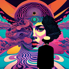 man looking at psychedelic woman in vortey of unreality