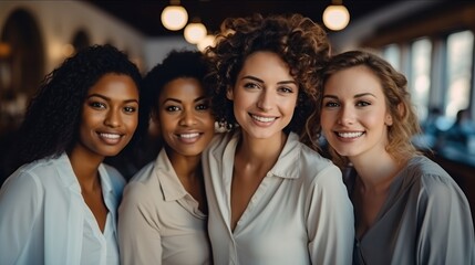 Happy group of woman smiling in fashionable office, Empowering women in the workplace inclusivity concept.
