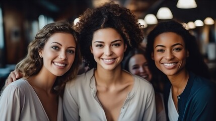 Obraz premium Happy group of woman smiling in fashionable office, Empowering women in the workplace inclusivity concept.