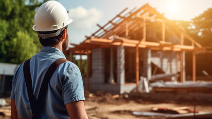 A construction engineer standing in a helmet against the background of a house under construction. 