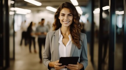 beautiful Successful business woman looking confident and smiling at office and and using her digital tablet.