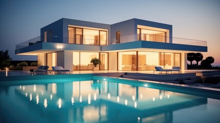 Fototapeta premium Modern Minimalist Villa with swimming pool at sunset.