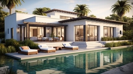 Fototapeta premium Modern Luxurious Villa with garden and swimming pool.
