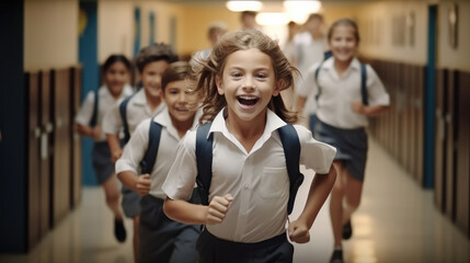 Fototapeta premium Excited pupils rushing down school corridor, Back to school concept.
