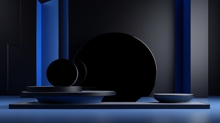 Abstract minimalistic dark blue scene with geometric shapes. visualization AI